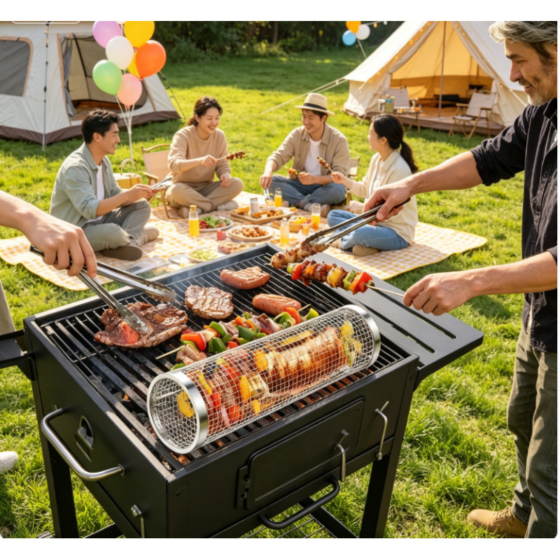 Camping Cooking Basket - 304 Stainless Steel Round Rolling BBQ