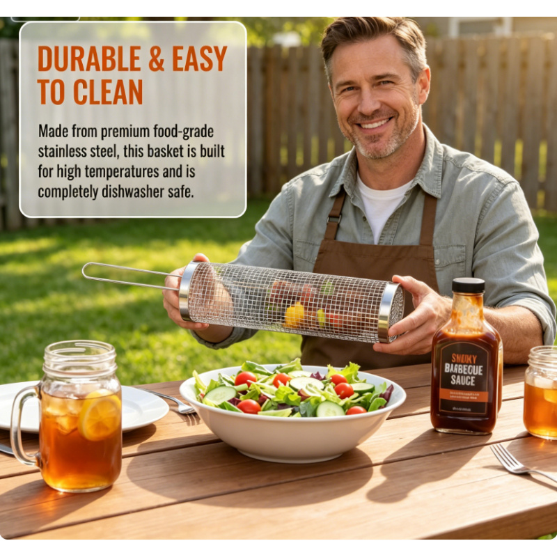 Camping Cooking Basket - Round Rolling BBQ Grill Net 304